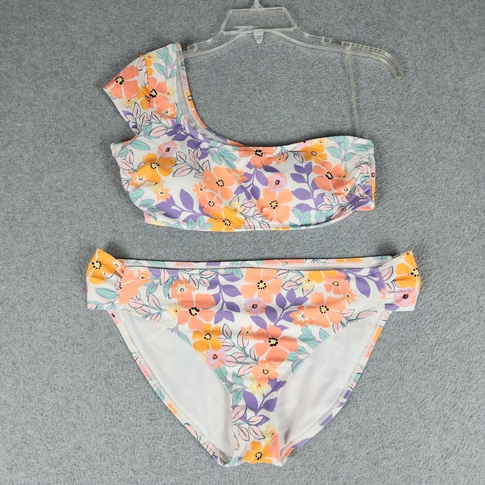 Ninety-Nine Bikini Set Womens L/XXL White Orange Floral One Shoulder Swimwear